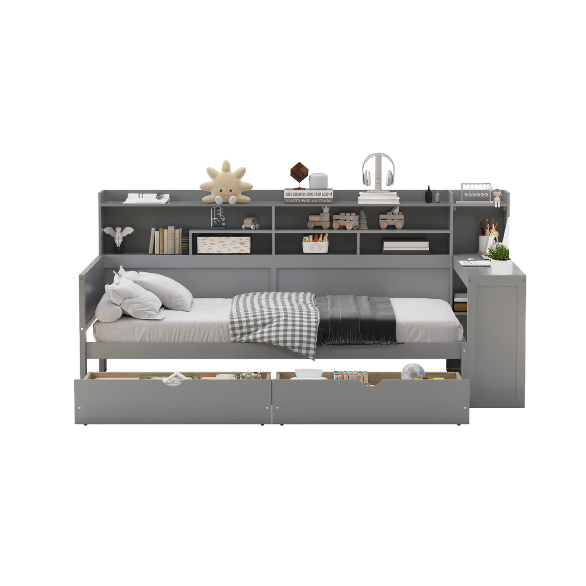 variant-group:rf-n733s241484e|Roomfitters Wooden Twin Size Daybed with Storage Shelves, Multi-functional Bed with Two Storage Compartments and Study Desk, Gray