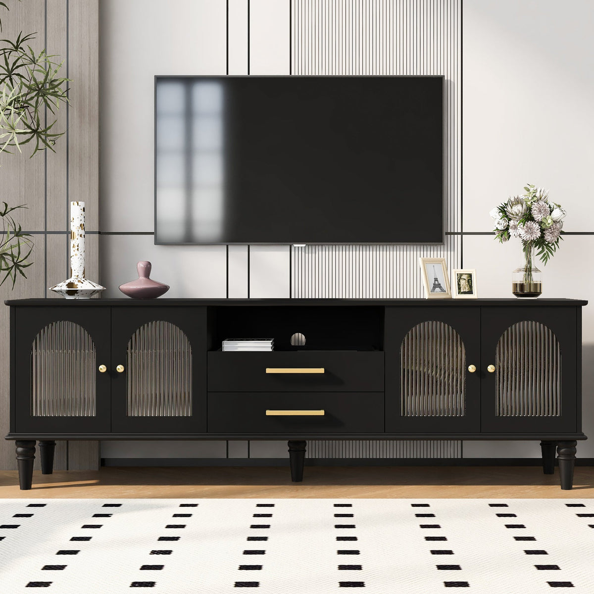 Roomfitters Retro TV Stand for up to 75 Inch TV, Fluted Glass Door Media Console with Five Wood Legs, Black Roomfitters
