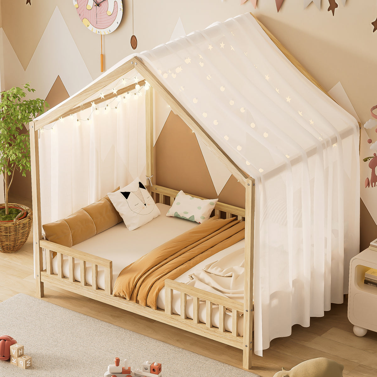 variant-group:rf-n733p356048m|Roomfitters Full Montessori Floor Bed with Canopy, House Shape Wood Frame with Safety Rails, Platform Bed, Natural