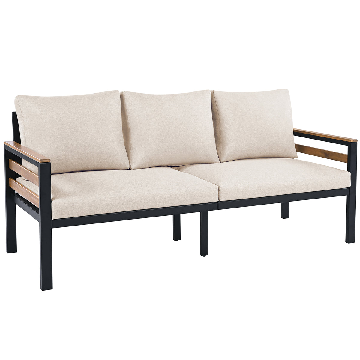 variant-group:rf-n704f201246a|Roomfitters 4-Piece Outdoor Patio Furniture Set with 3-Seater Sofa, 2 Armchairs and Coffee Table, Wood Accents, Beige