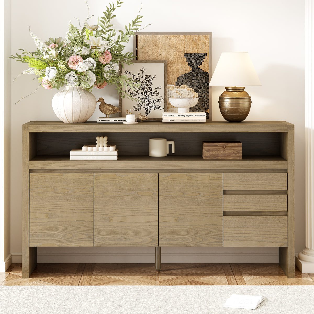 variant-group:rf-n711p289141o|Roomfitters 60" Modern Solid Wood Veneer Sideboard with 3 Doors & 3 Drawers, Open Shelf & Cable Cutout, Large Storage Cabinet for Dining, Hallway, Living Room, Natural
