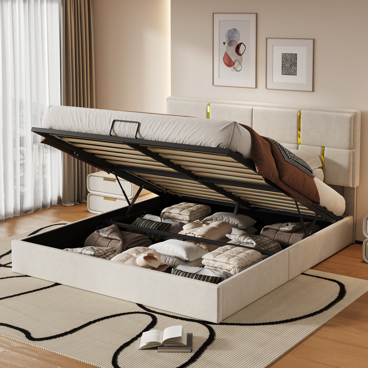 variant-group:rf-n733s362241a|Roomfitters Queen Upholstered Platform Bed with Hydraulic Storage Lift, Modern Bed Frame, No Box Spring Required, Beige