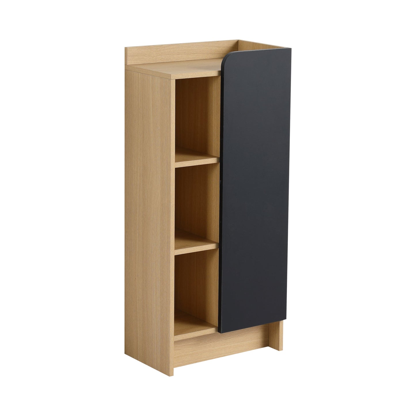 16" Medium Light Oak Freestanding Bathroom Side Cabinet, Narrow Storage Cabinet with Single Door & 3-Tier Open Shelves, KD (Ready-to-Assemble), Dual-Color Door Panels (White & Black), Plywood Construc Roomfitters
