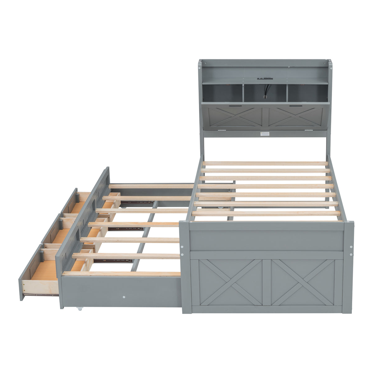 variant-group:rf-n733s172839e|Roomfitters Twin Size Wooden Bed with Storage Headboard, Convenient Outlets, Extendable Frame with Twin Trundle and Ample Storage, Gray
