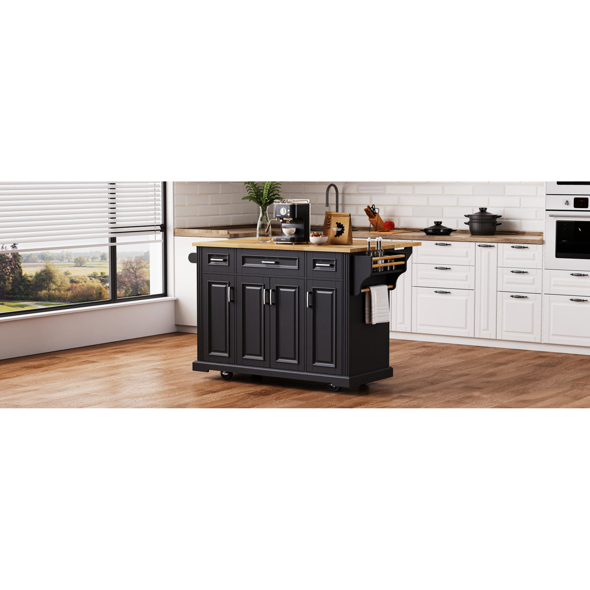 variant-group:rf-n707s195395b|Roomfitters 54" Kitchen Island with Wood Top, Rolling Storage Cabinet with 3 Drawers and 3 Doors, Spice Rack, Black