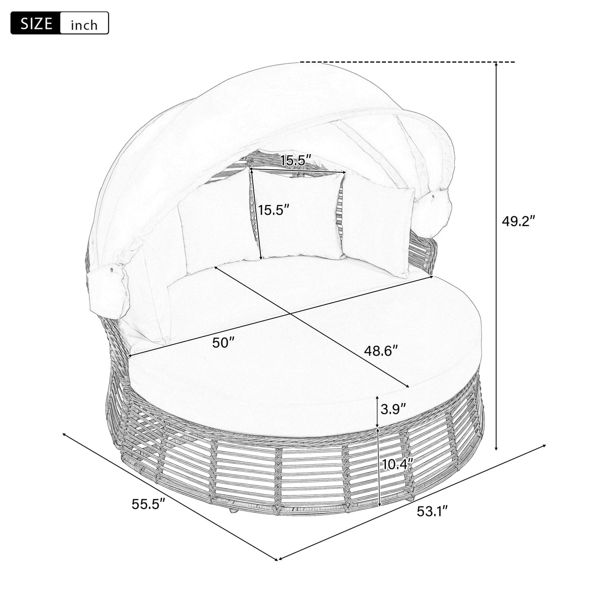 Roomfitters Outdoor Patio Rattan Round Daybed with Retractable Canopy and Removable Wicker Sectional Cushions Roomfitters