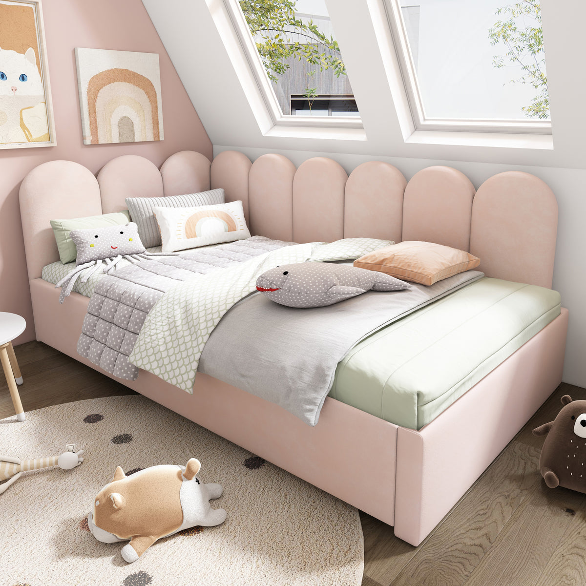 variant-group:rf-n736aa20362122p|Roomfitters Velvet Upholstered Twin Daybed with Pull Out Trundle, Sofa Bed with Metal Slat Frame, Pink