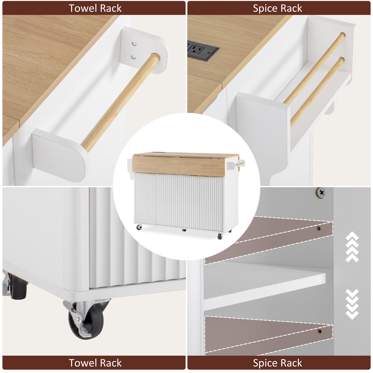 variant-group:rf-n707p353934w|Roomfitters 55.5" Fluted Kitchen Island with Double Drop Leaf, White Storage Cart with Power Outlet & Wood-grain Top