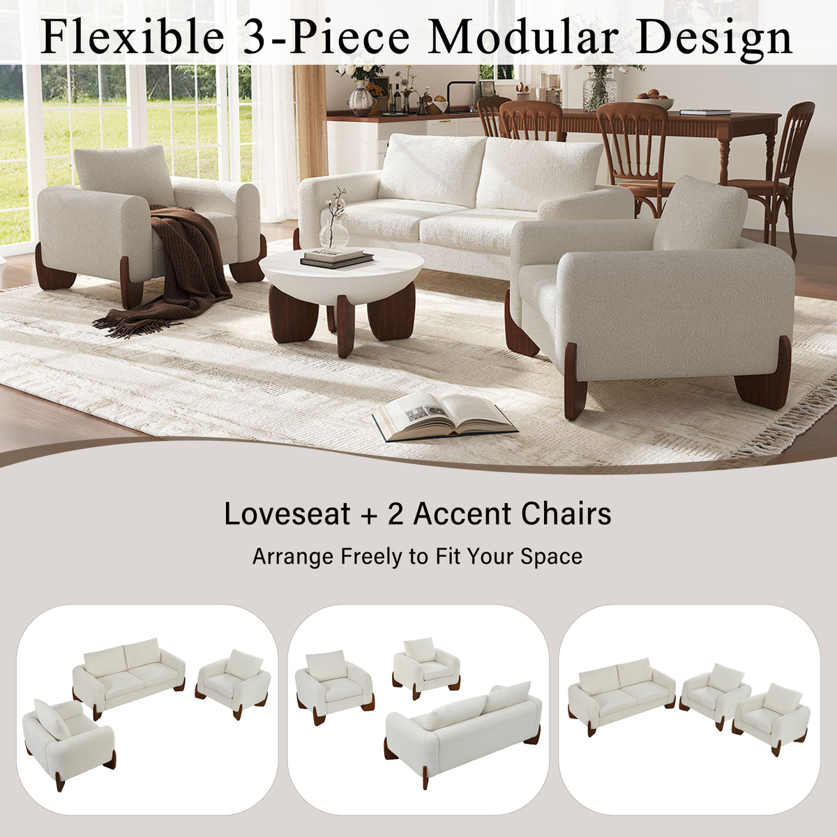 variant-group:rf-n711wy000479aaa|Roomfitters Modern 3-Piece Living Room Sofa Set, Bouclé Fabric Loveseat and 2 Armchairs Pack, Beige Pinewood Lounge
