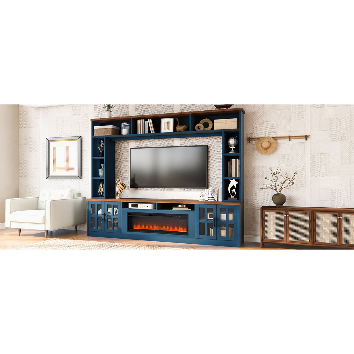 Roomfitters 95.5"W Large Wall Unit Entertainment Center, 39" LED Fireplace, Navy Blue Roomfitters