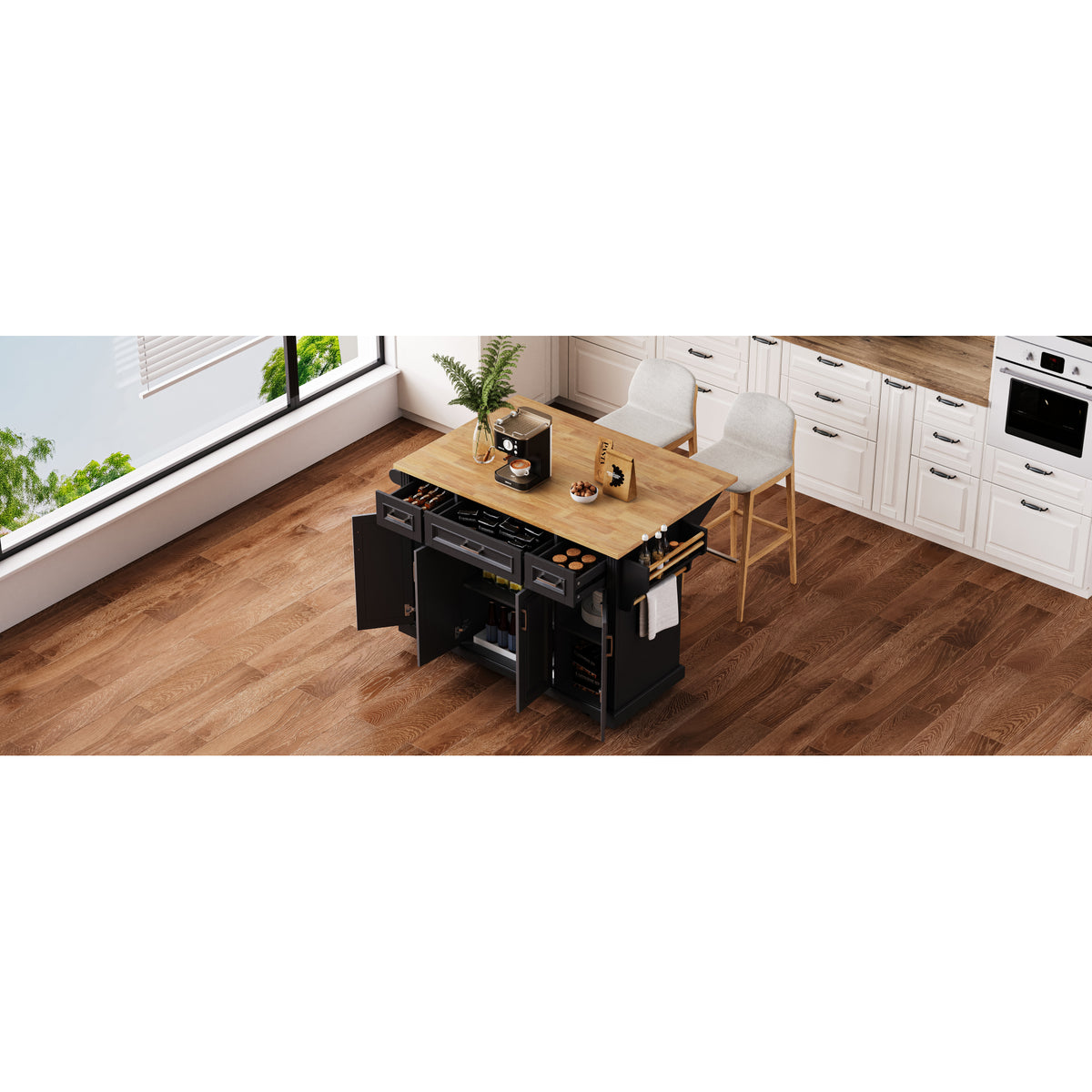 variant-group:rf-n707s195395b|Roomfitters 54" Kitchen Island with Wood Top, Rolling Storage Cabinet with 3 Drawers and 3 Doors, Spice Rack, Black