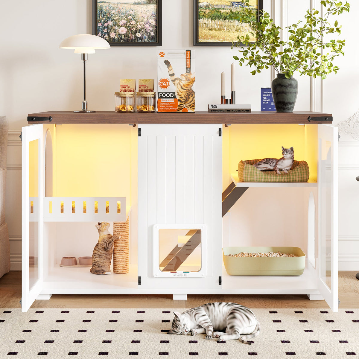 Roomfitters 47-Inch Enclosed Cat Litter Box Furniture Hideaway Cabinet Side Table with Four Mode Door White Roomfitters