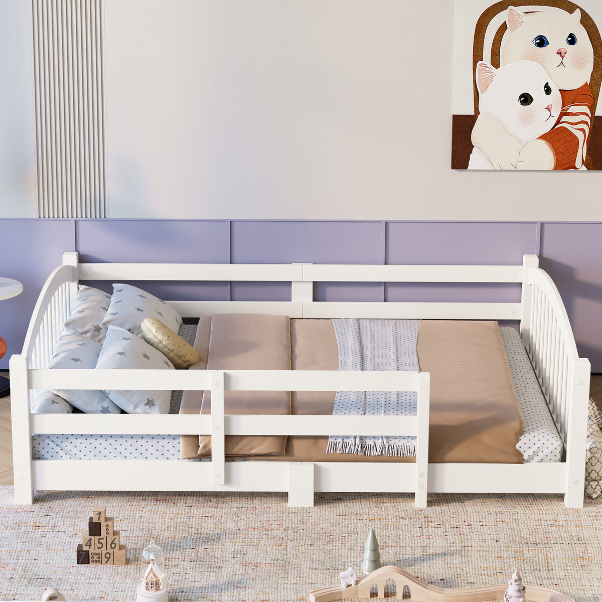 variant-group:rf-n733p400299k|Roomfitters Full Montessori Floor Bed with Guardrails, Solid Wood Low Platform Bed with Slats, Easy Assembly, White