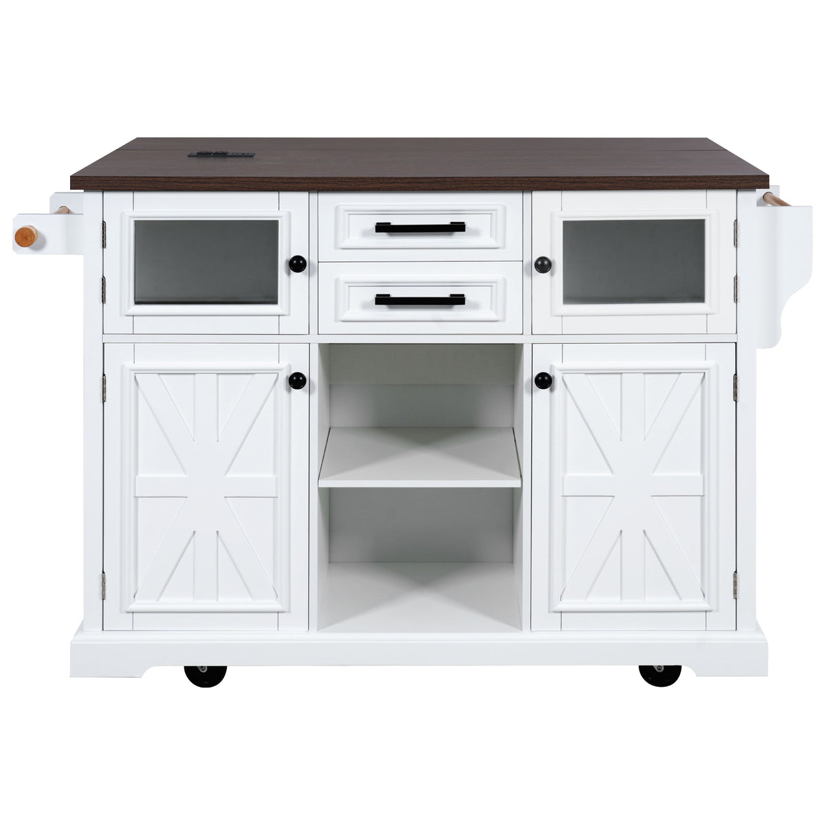 variant-group:rf-n707s300277w|Roomfitters 54.9" Kitchen Island with Drop Leaf, Rolling Kitchen Cart with Barn Door and Glass Door, Storage Cabinet, White