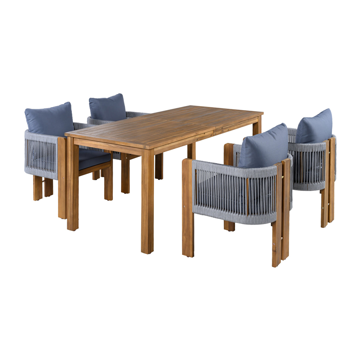 variant-group:rf-n711wy000496aae|Roomfitters 5-Piece Rope Woven Outdoor Dining Set, Farmhouse Solid Acacia Table, 4 Chairs Pack, Brown and Grey