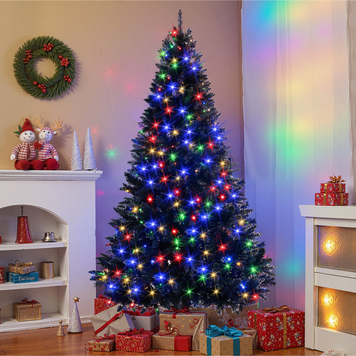 Roomfitters Pre-Lit Black Artificial Christmas Tree 6FT, Hinged Holiday Spruce Tree with 920 Tips and Color-Changing Lights Roomfitters