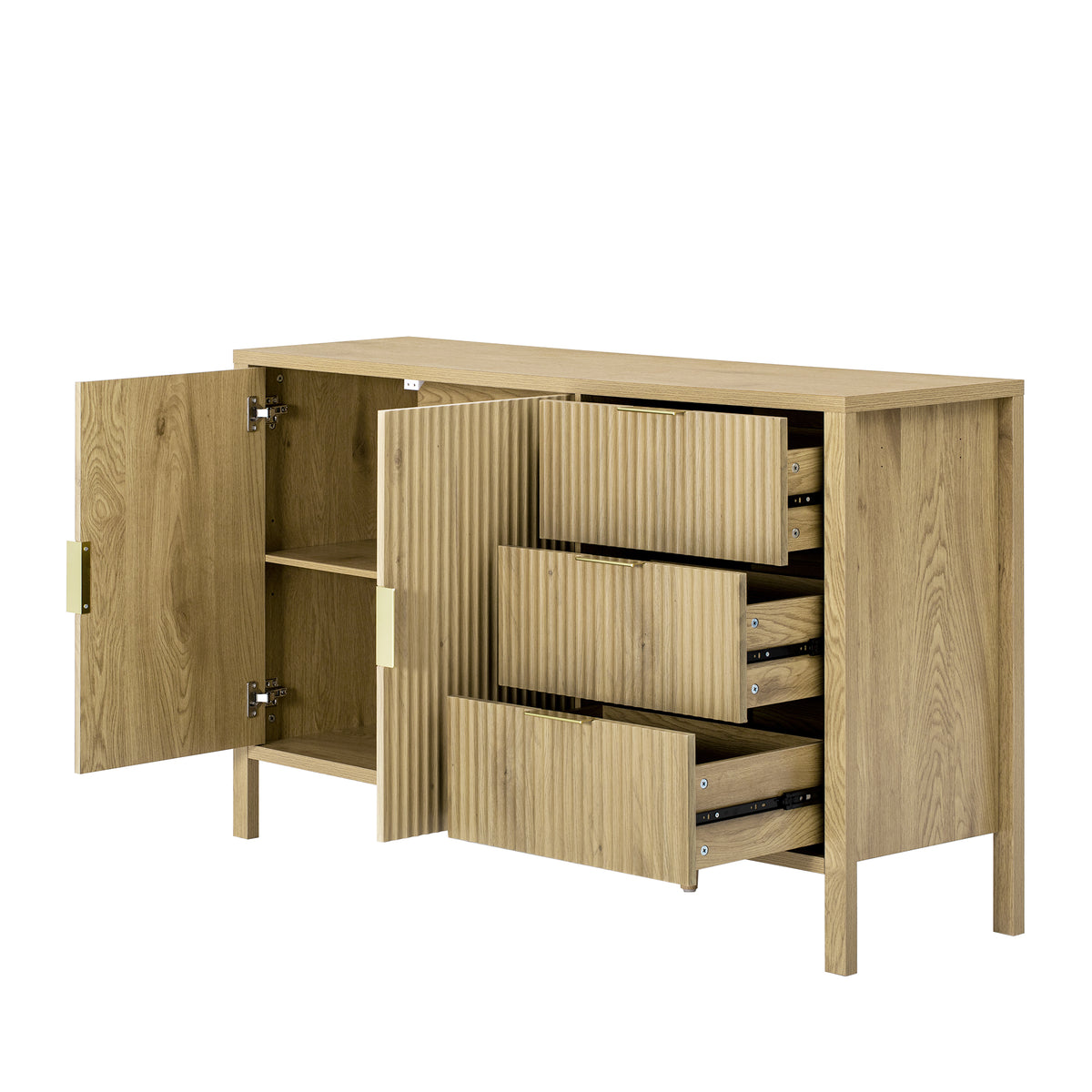 variant-group:rf-n711p345172o|Roomfitters Sideboard Buffet Cabinet with 3 Drawers, 2 Door Mid-century Fluted Accent Storage for Kitchen & Dining, Natural