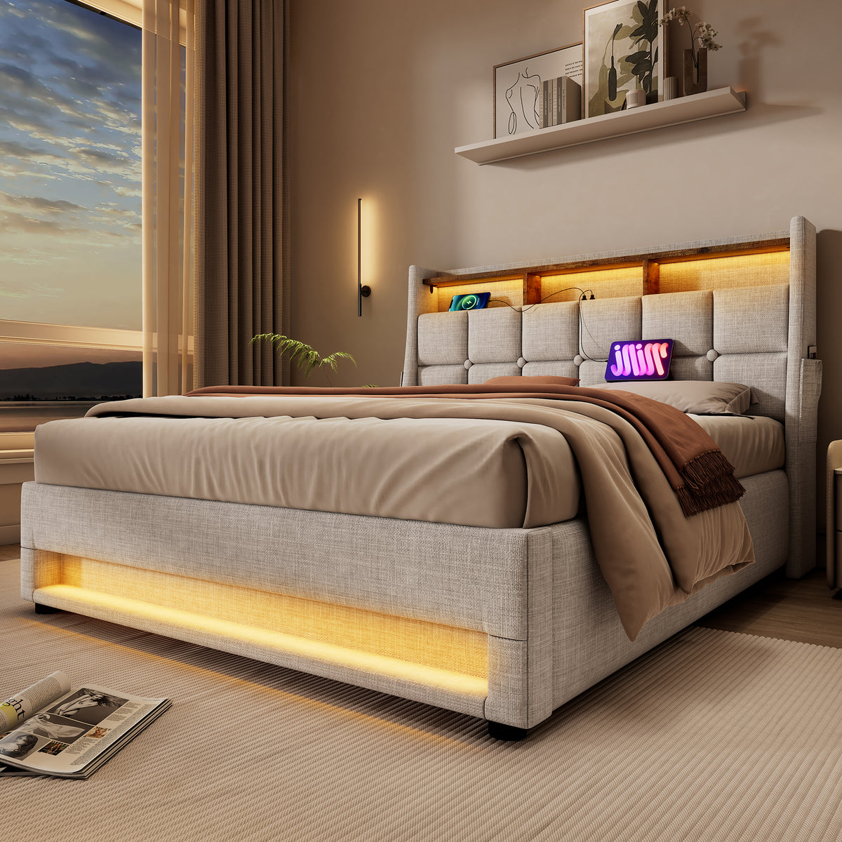 variant-group:rf-n736aa20690708b|Roomfitters Full Size Upholstered Platform Bed with Storage System, USB Charging Ports, Natural