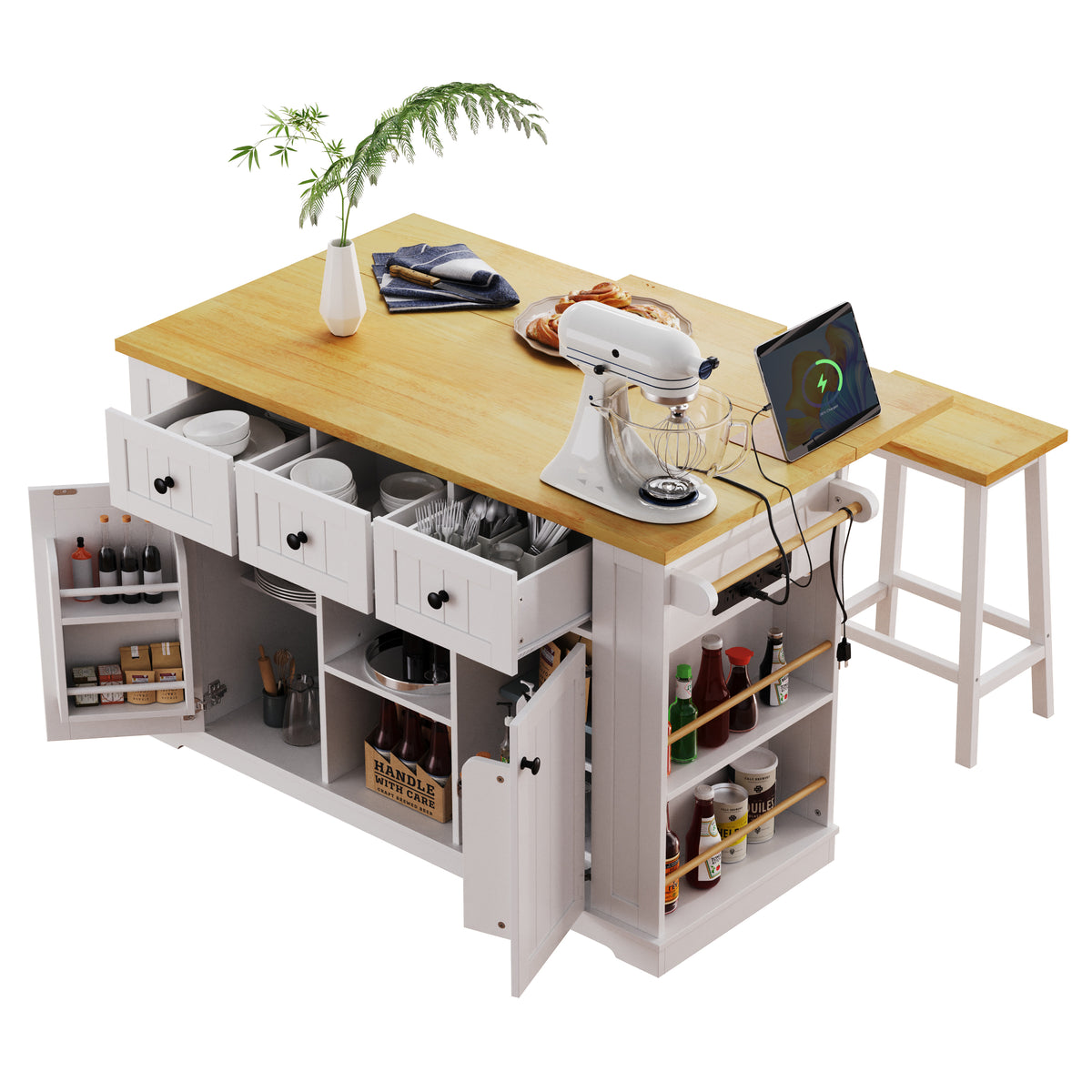 variant-group:rf-n707s003007w|Roomfitters 53" Kitchen Island with 2 Bar Stools, Drop Leaf, Power Outlet, Rolling Kitchen Cart Set with Storage, White