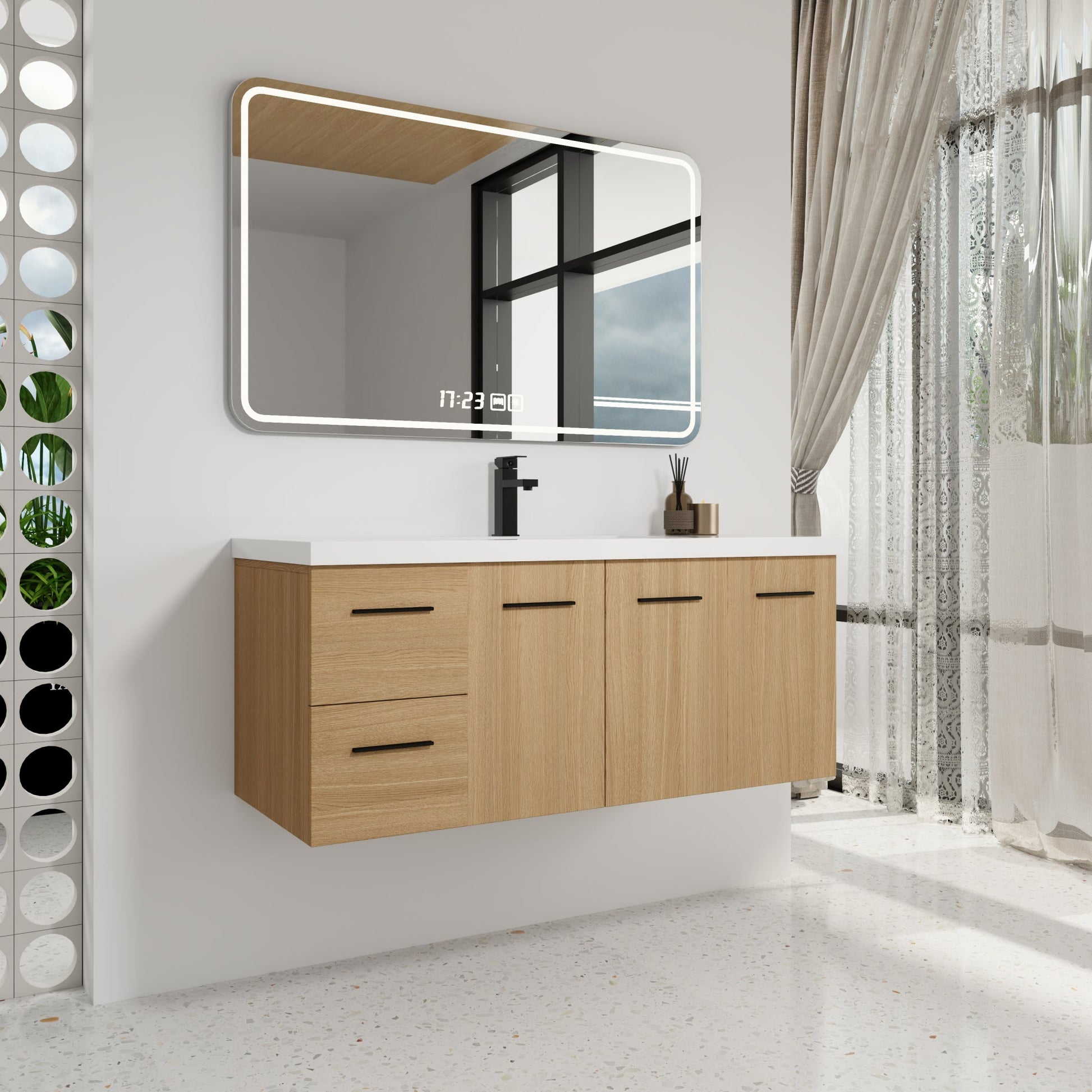 48" Light Oak Floating Bathroom Vanity with Sink, Modular 3-Piece Cabinet (2-Door + 1-Door + 2-Drawer), Gel-Coat Integrated Sink Top, Wall-Mounted, 4 Packages Roomfitters