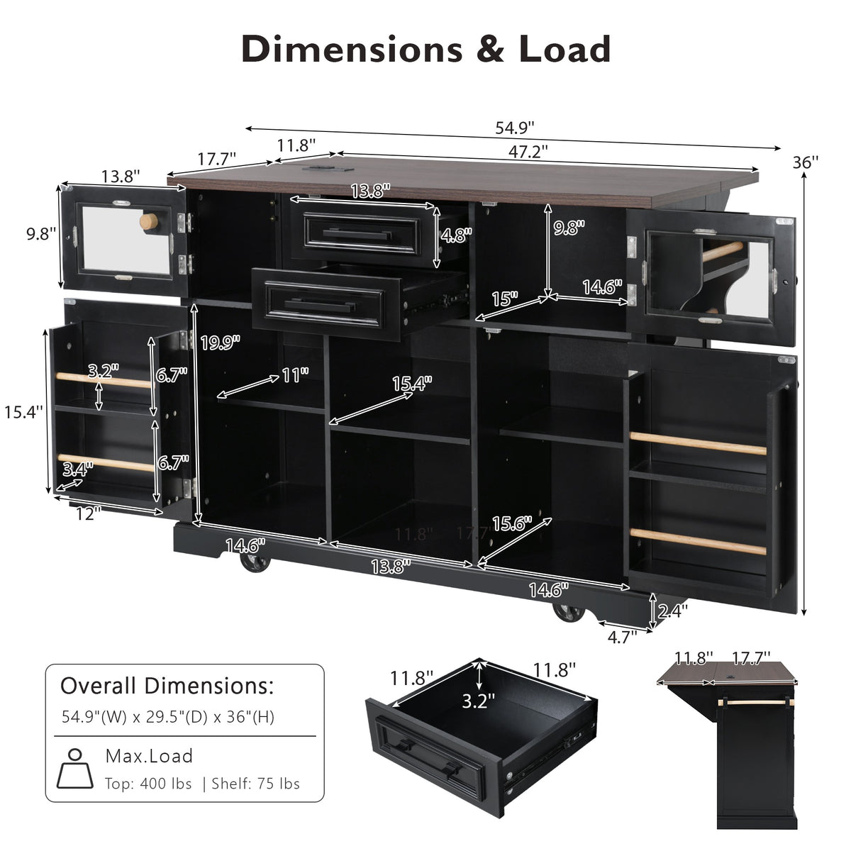 variant-group:rf-n707s300277b|Roomfitters 54.9" Kitchen Island with Drop Leaf, Rolling Kitchen Cart with Barn Door and Glass Door, Storage Cabinet, Black