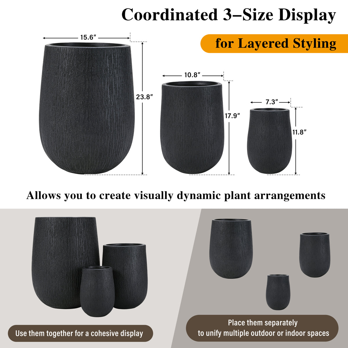 variant-group:rf-n711p406659b|Roomfitters Modern Egg-Shaped MGO Planter Set, 3-Piece Textured Faux Stone Flower Pots, Black Patio Garden Urns