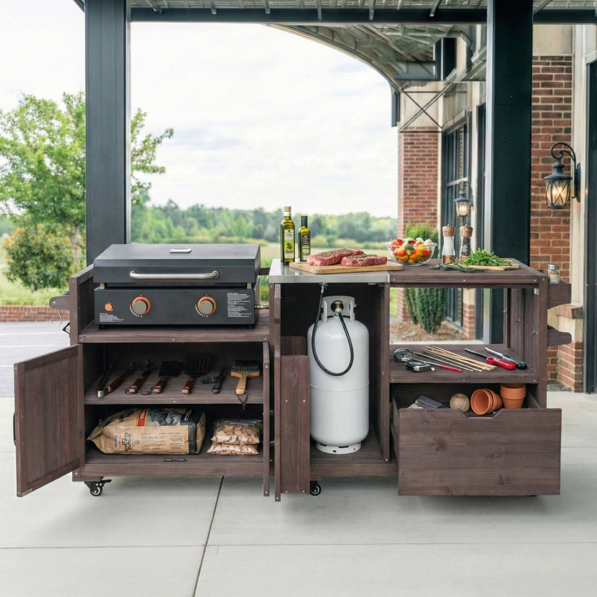 variant-group:rf-n707p392140z|Roomfitters 80.5" Extra Large Grill Cart, Outdoor Kitchen Prep Station with Stainless Steel Top & Kamado Grill Stand, Dark Brown