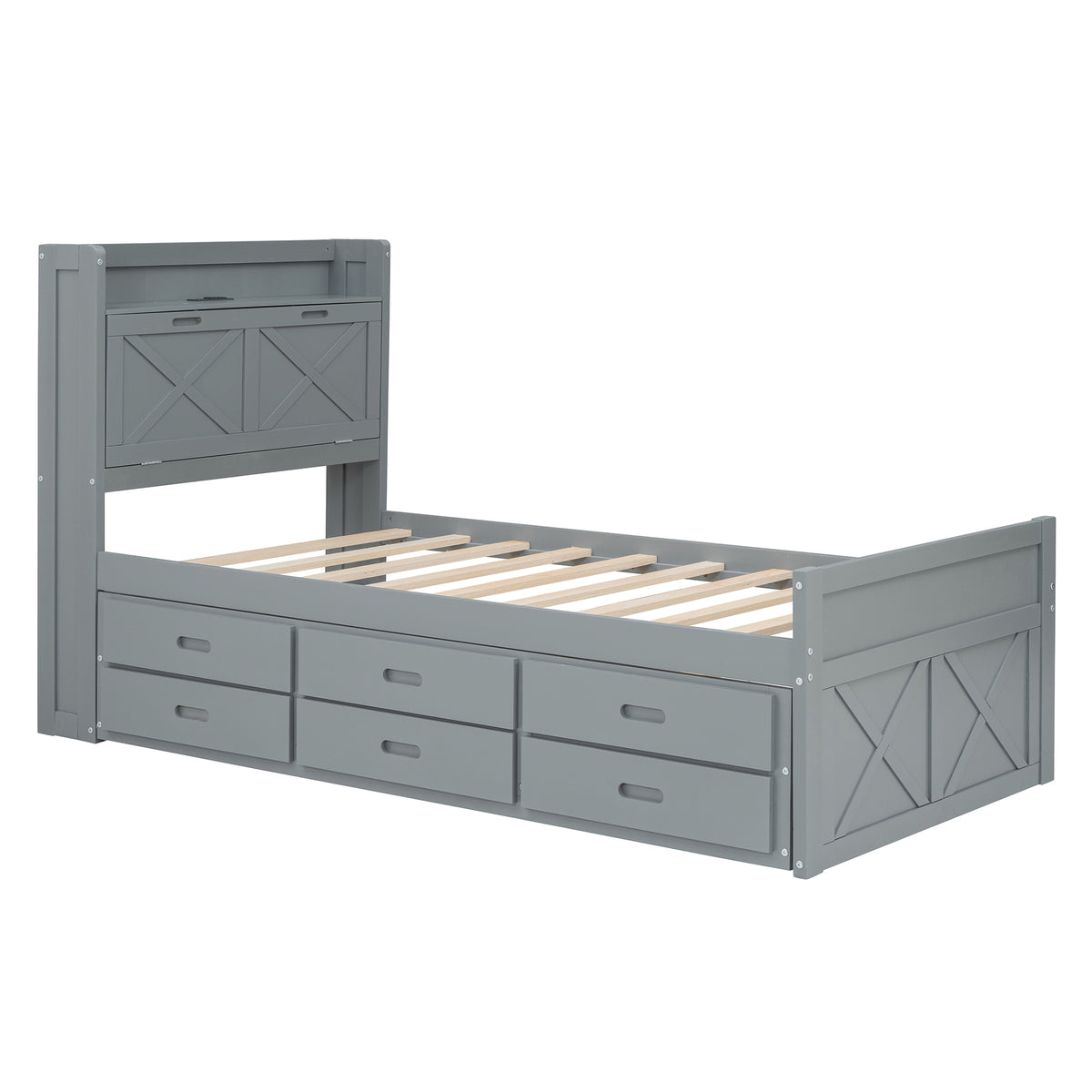 variant-group:rf-n733s172839e|Roomfitters Twin Size Wooden Bed with Storage Headboard, Convenient Outlets, Extendable Frame with Twin Trundle and Ample Storage, Gray