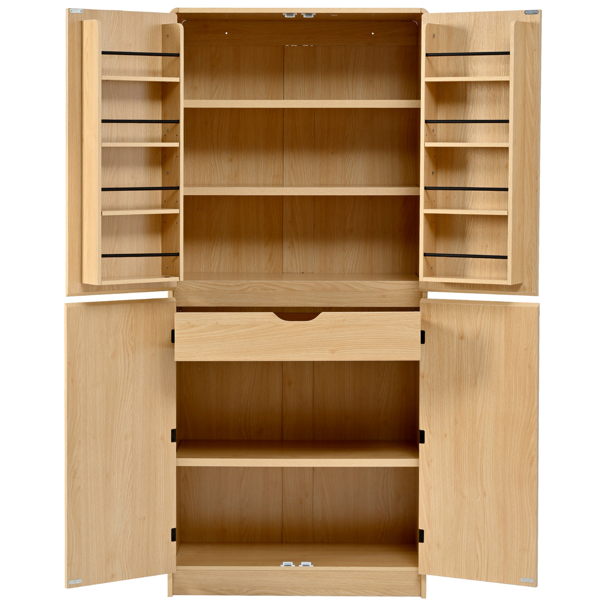 variant-group:rf-n707s000021y|Roomfitters 72" Tall Farmhouse Kitchen Pantry Cabinet with Curved Profile & 8 Door Shelves, Natural Oak