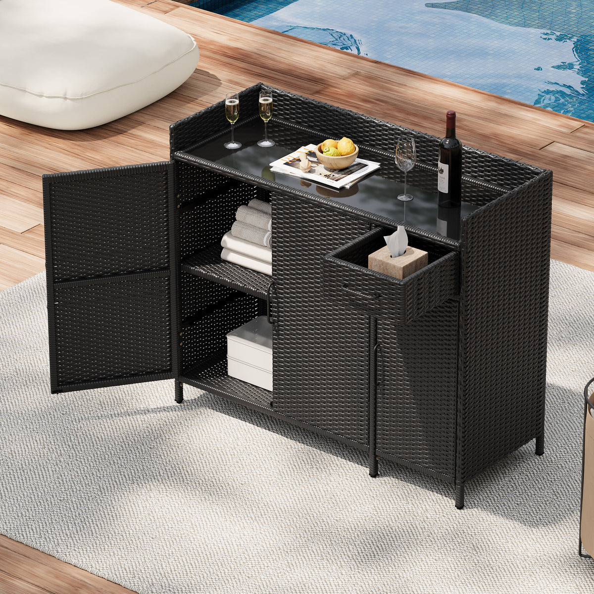 variant-group:rf-n707p233745b|Roomfitters 47.5" Wicker Outdoor Storage Cabinet, Rattan Bar Table with Glass Top, Adjustable Shelf, 3 Doors, Black Brown