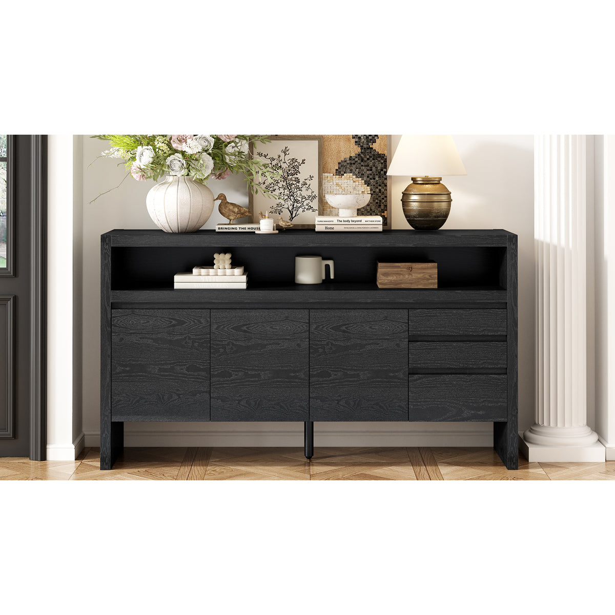 variant-group:rf-n711p289141b|Roomfitters 60" Modern Solid Wood Veneer Sideboard with 3 Doors & 3 Drawers, Open Shelf & Cable Cutout, Large Storage Cabinet for Dining, Hallway, Living Room, Black