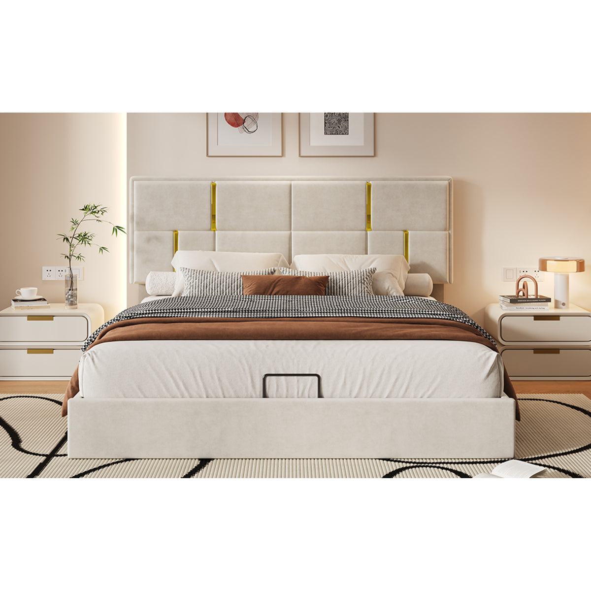 variant-group:rf-n733s362241a|Roomfitters Queen Upholstered Platform Bed with Hydraulic Storage Lift, Modern Bed Frame, No Box Spring Required, Beige