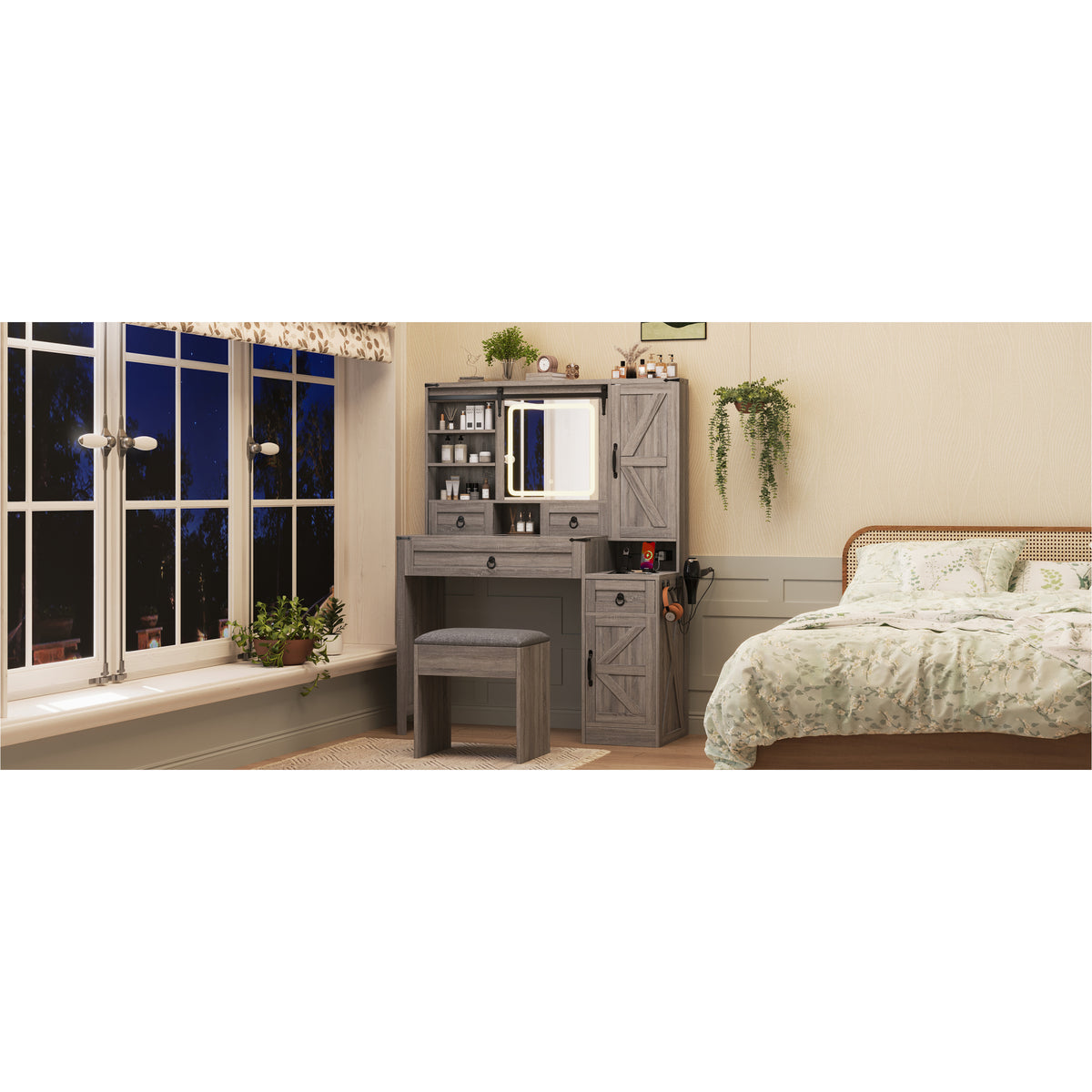 variant-group:rf-n733p340562g|Roomfitters Farmhouse Vanity Desk with Sliding Mirror & Lights, Glass Top, Charging Station, 4 Drawers, 2 Cabinets, Stool, Gray