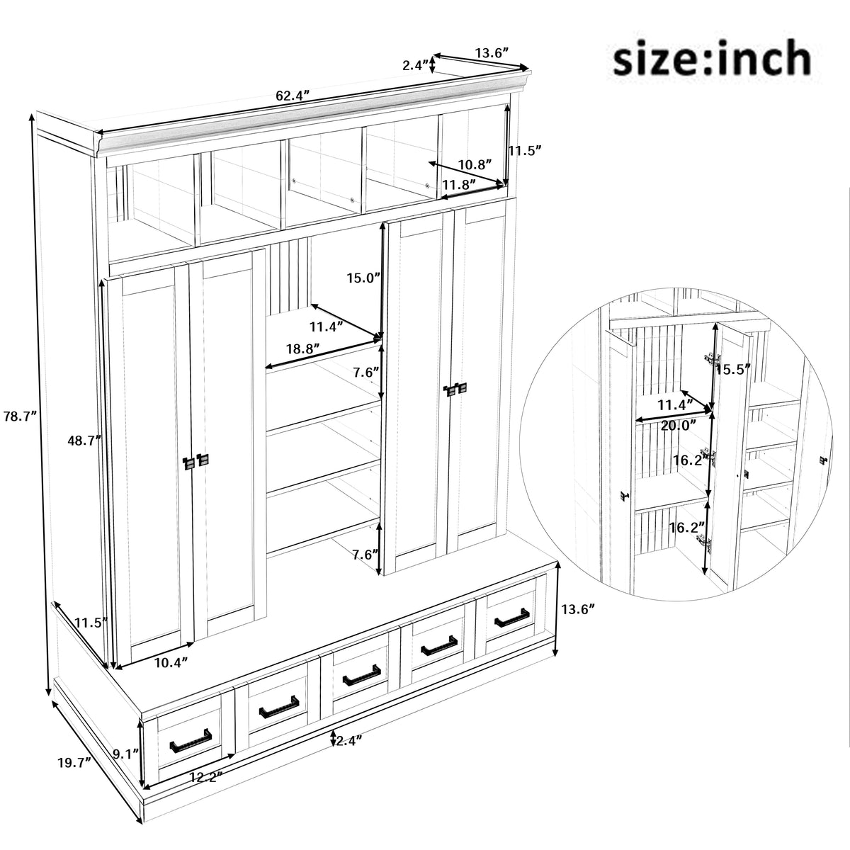 variant-group:rf-n724sj000139aak|Roomfitters 78.7" Hall Tree with Bench, 5 Cubbies, 4 Doors, 5 Drawers, Adjustable Shelves, White