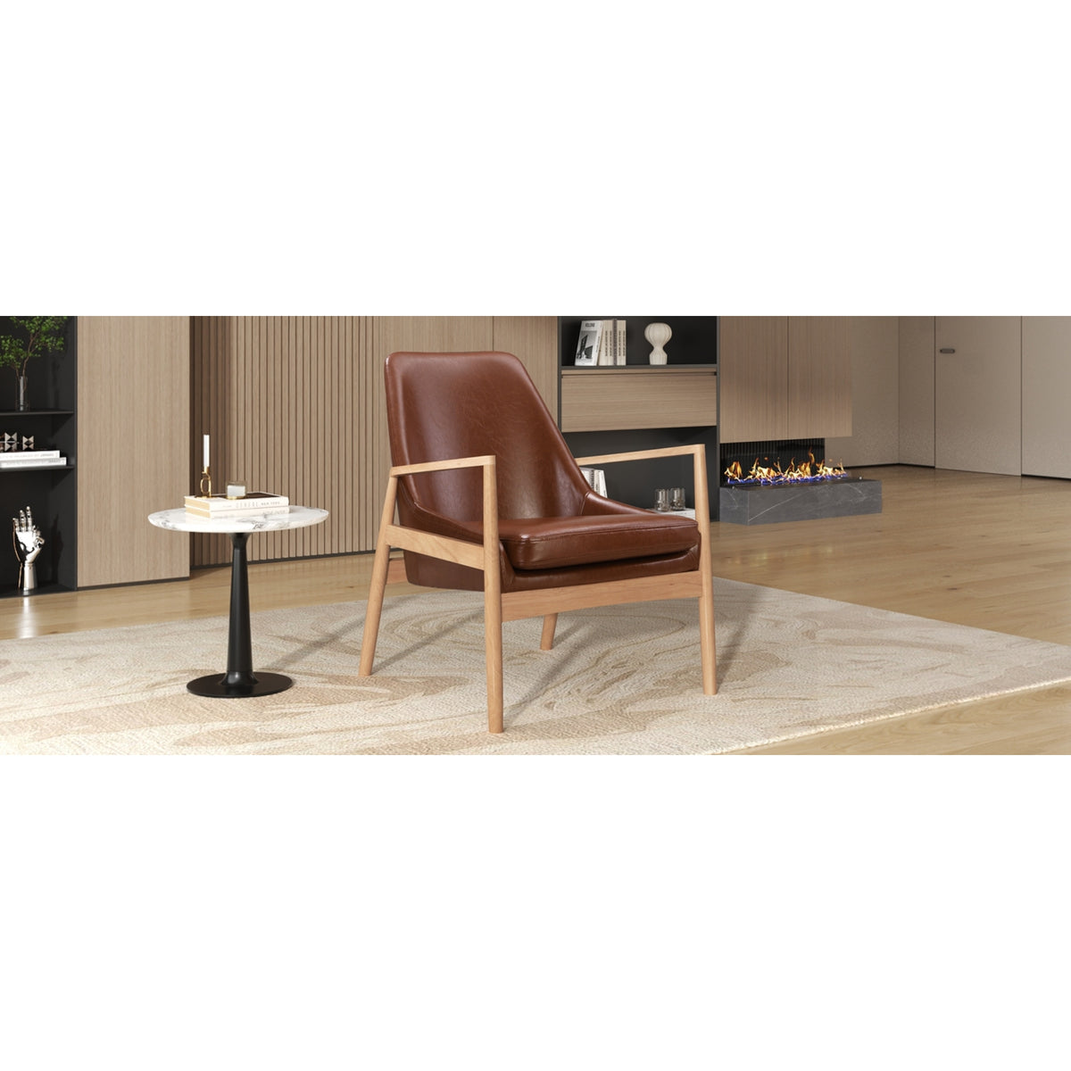 variant-group:rf-n724p256555d|Roomfitters PU Leather Mid-Century Accent Chair with Solid Wood Frame and High Backrest, Reading Armchair, Brown