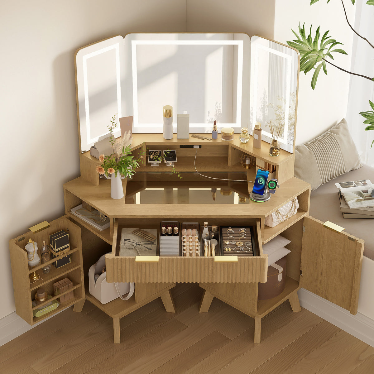 variant-group:rf-n704p392485n|Roomfitters 47.2" Corner Makeup Vanity Desk with 3-Panel LED Mirror, Glass Top, Charging Station and Storage Hutch, Oak