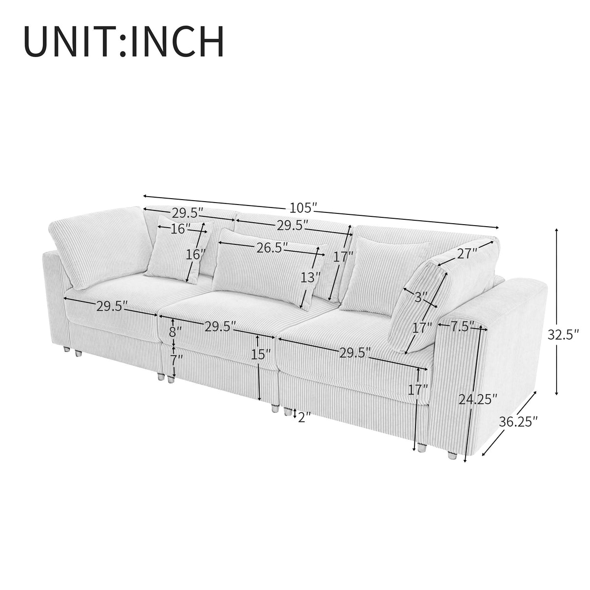 variant-group:rf-n711wy000403aaa|Roomfitters 105'' 3-Seater Sofa with Removable Back Cushions and 5 Pillows for Living Room, Apartment, Spacious Space, Beige