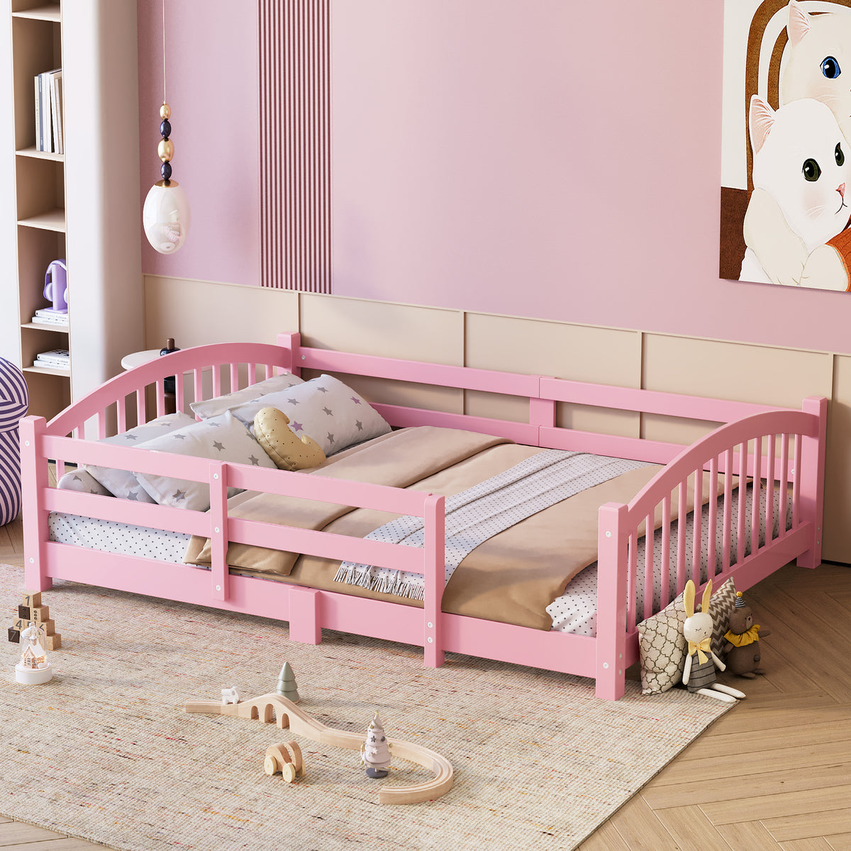 variant-group:rf-n733p400299h|Roomfitters Full Montessori Floor Bed with Guardrails, Solid Wood Low Platform Bed with Slats, Easy Assembly, Pink