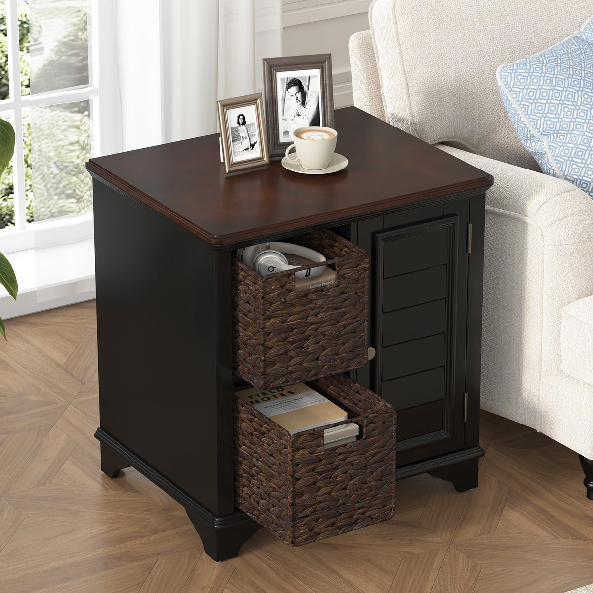 variant-group:rf-n724p401353b|Roomfitters American Style Louvered Side End Table with 2 Grass Storage Baskets, Black