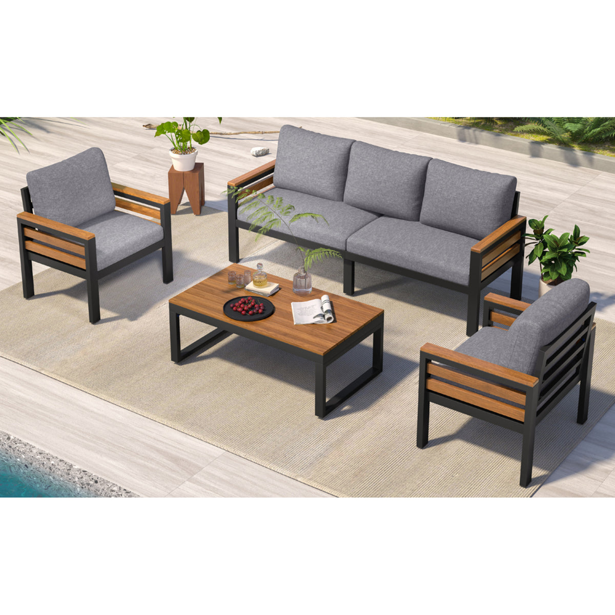 variant-group:rf-n704f201246e|Roomfitters 4-Piece Outdoor Patio Furniture Set with 3-Seater Sofa, 2 Armchairs and Coffee Table, Wood Accents, Grey