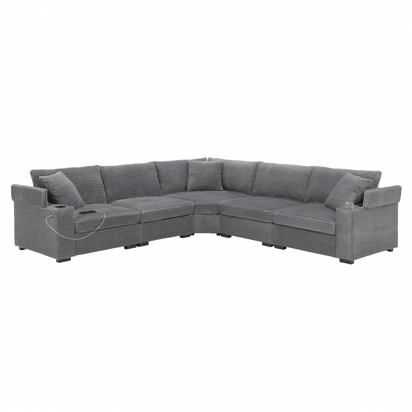 variant-group:rf-n723s1187e|Roomfitters 104 Inch Modern L-Shaped Sectional Sofa with Cup Holders, Comfortable Corduroy Upholstered Corner Couch, Gray
