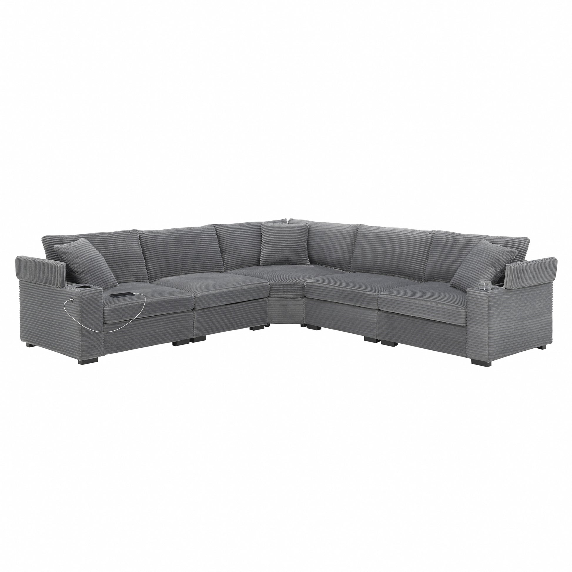 variant-group:rf-n723s1187e|Roomfitters 104 Inch Modern L-Shaped Sectional Sofa with Cup Holders, Comfortable Corduroy Upholstered Corner Couch, Gray