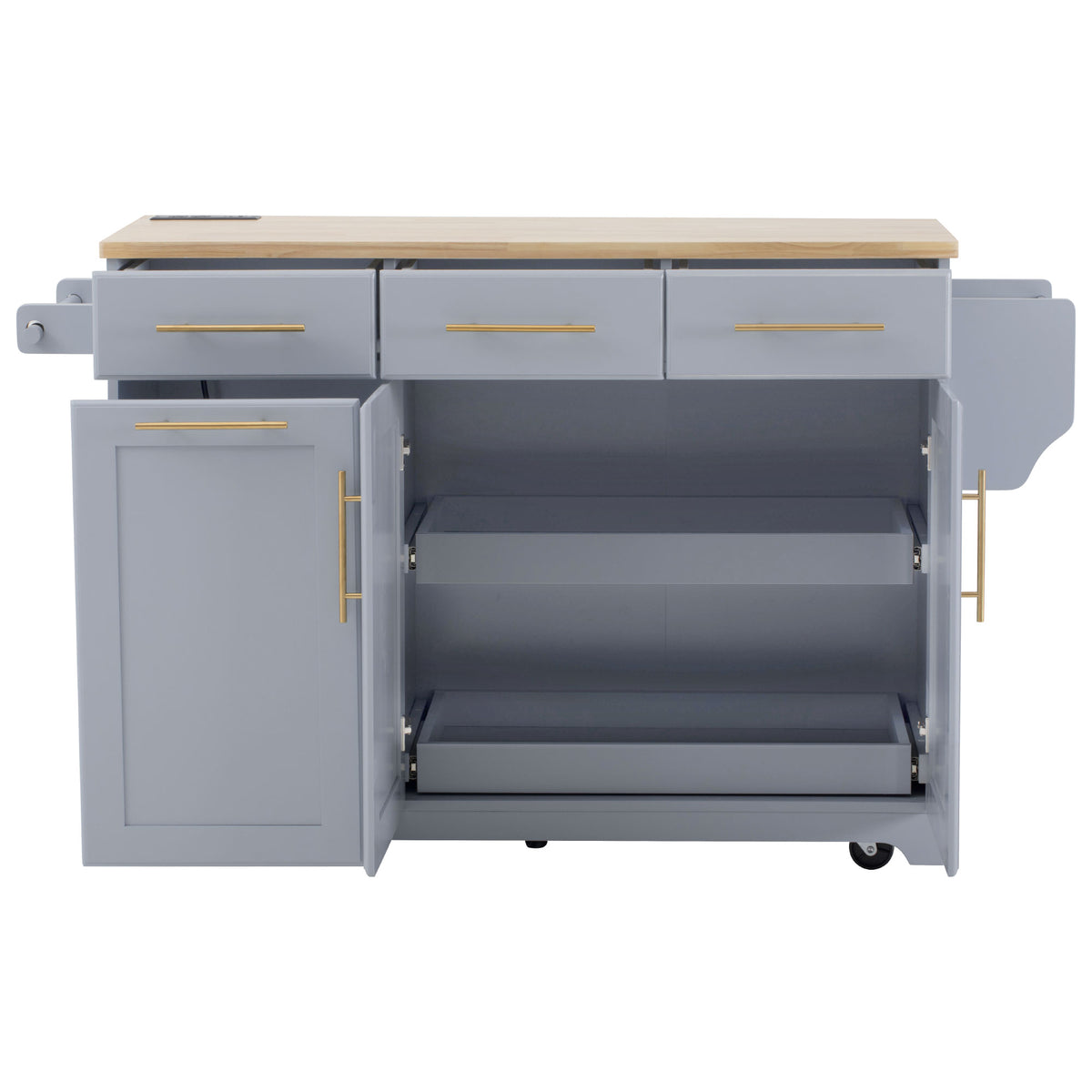 variant-group:rf-n707s299014g|Roomfitters 59.3" Kitchen Island with Power Outlet, Drop Leaf and Double Trash Can Pull Out, Rolling Cart, Grey+Blue