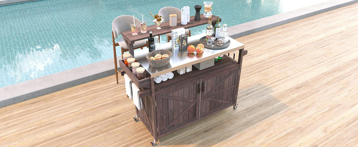 variant-group:rf-n707p250628z|Roomfitters 53.3" Outdoor Kitchen Island with Raised Shelf, Wood Storage Cabinet, Stainless Steel Top, Rolling Grill Cart, Brown