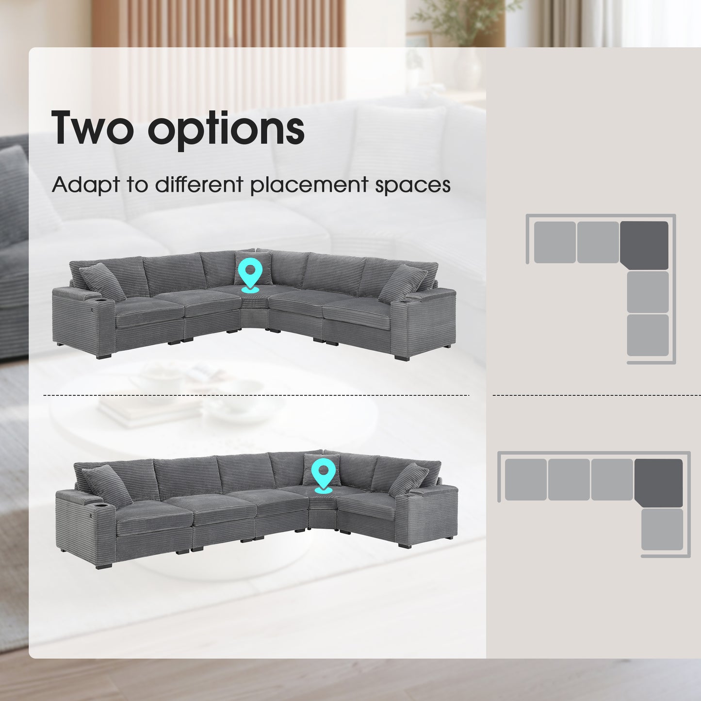 variant-group:rf-n723s1187e|Roomfitters 104 Inch Modern L-Shaped Sectional Sofa with Cup Holders, Comfortable Corduroy Upholstered Corner Couch, Gray