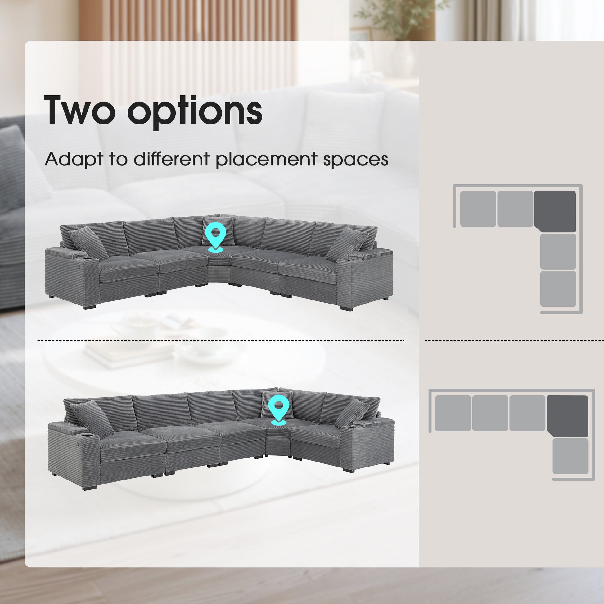 variant-group:rf-n723s1187e|Roomfitters 104 Inch Modern L-Shaped Sectional Sofa with Cup Holders, Comfortable Corduroy Upholstered Corner Couch, Gray