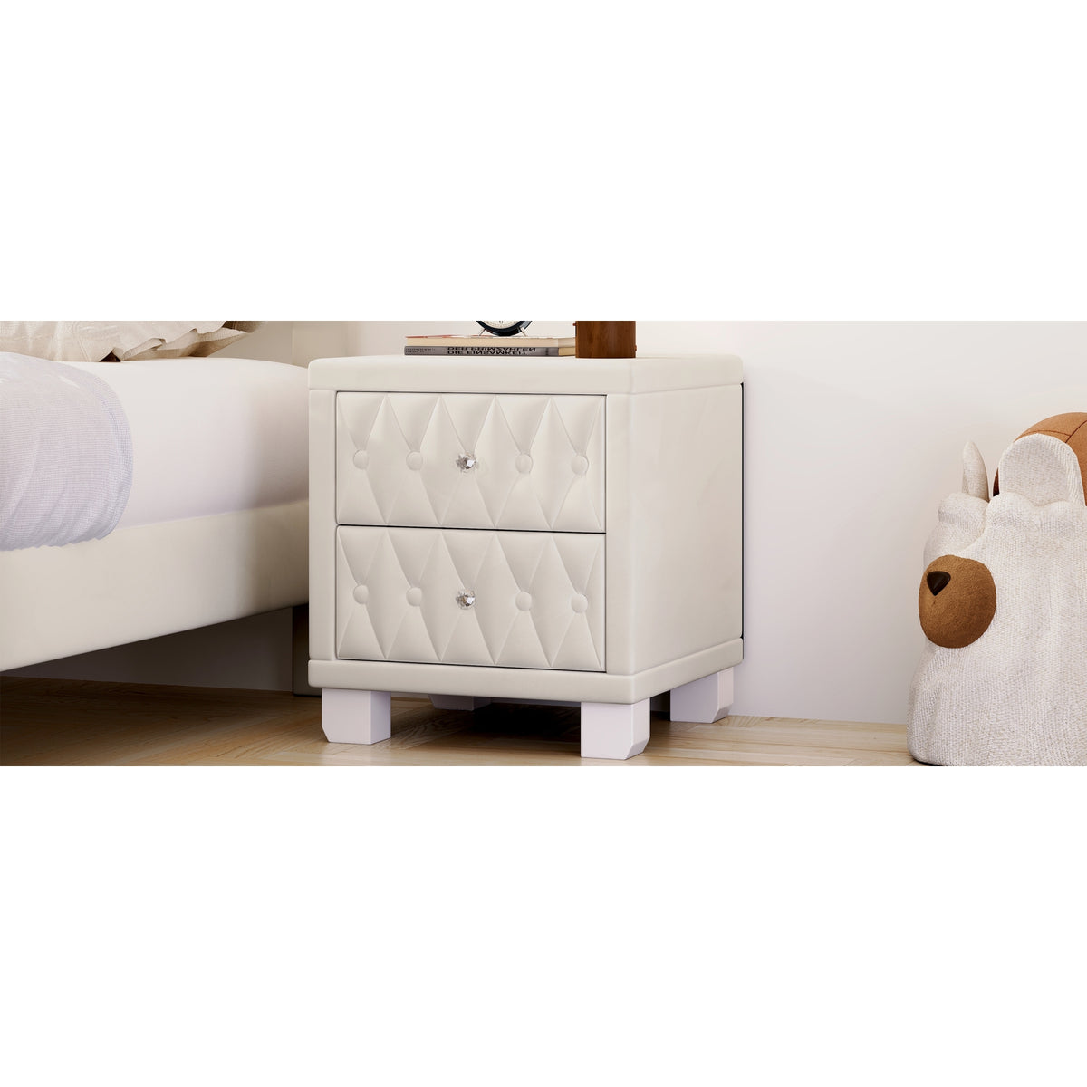 variant-group:rf-n733p210398a|Roomfitters Velvet Nightstand with Crystal Handles, Button-Tufted Upholstered Bedside Table with Two Storage Compartments, Beige