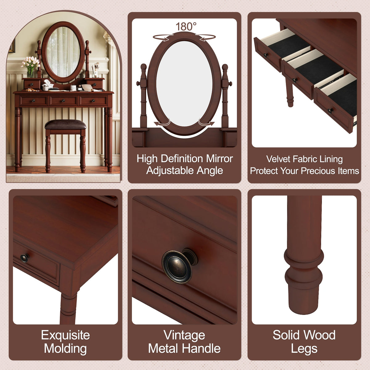 Roomfitters Vintage Vanity Desk with Adjustable Mirror, Makeup Table and Cushioned Stool Set, Wooden Dressing Table with 5 Drawers and Velvet Lining, Walnut