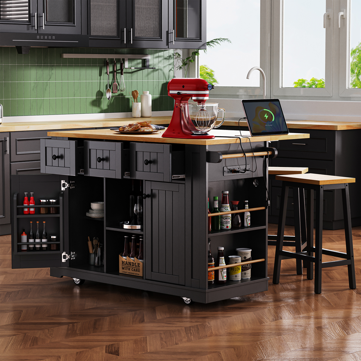 variant-group:rf-n707s003007b|Roomfitters 53" Kitchen Island with 2 Bar Stools, Drop Leaf, Power Outlet, Rolling Kitchen Cart Set with Storage, Black
