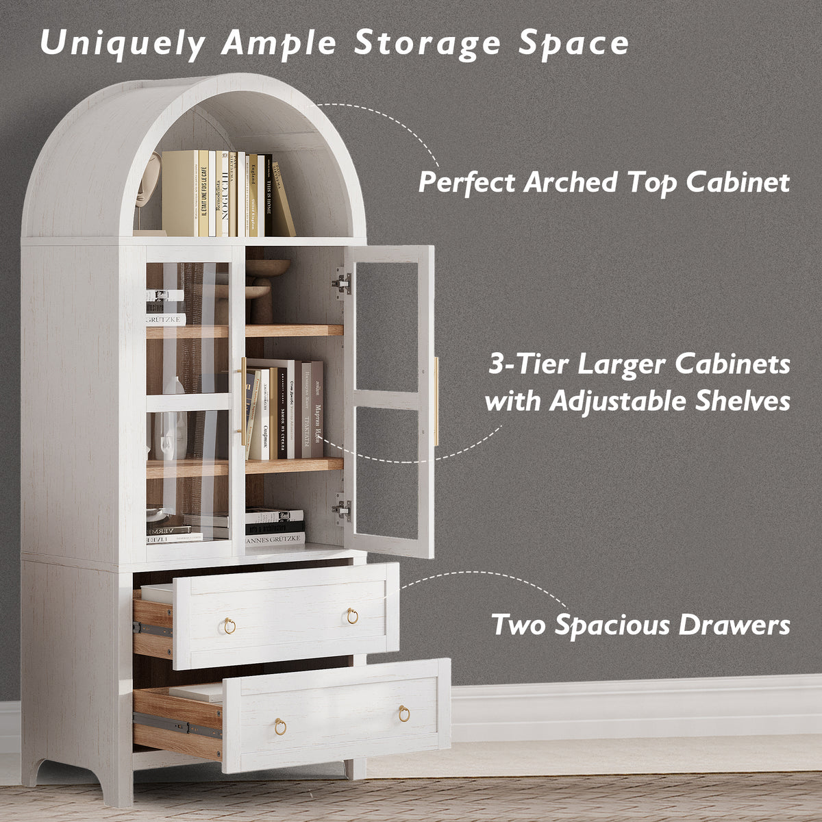 variant-group:rf-n707p288972w|Roomfitters 71" Pantry Cabinet with Arched Top and Glass Doors, 2 Storage Drawers and Adjustable Shelves for Kitchen, White